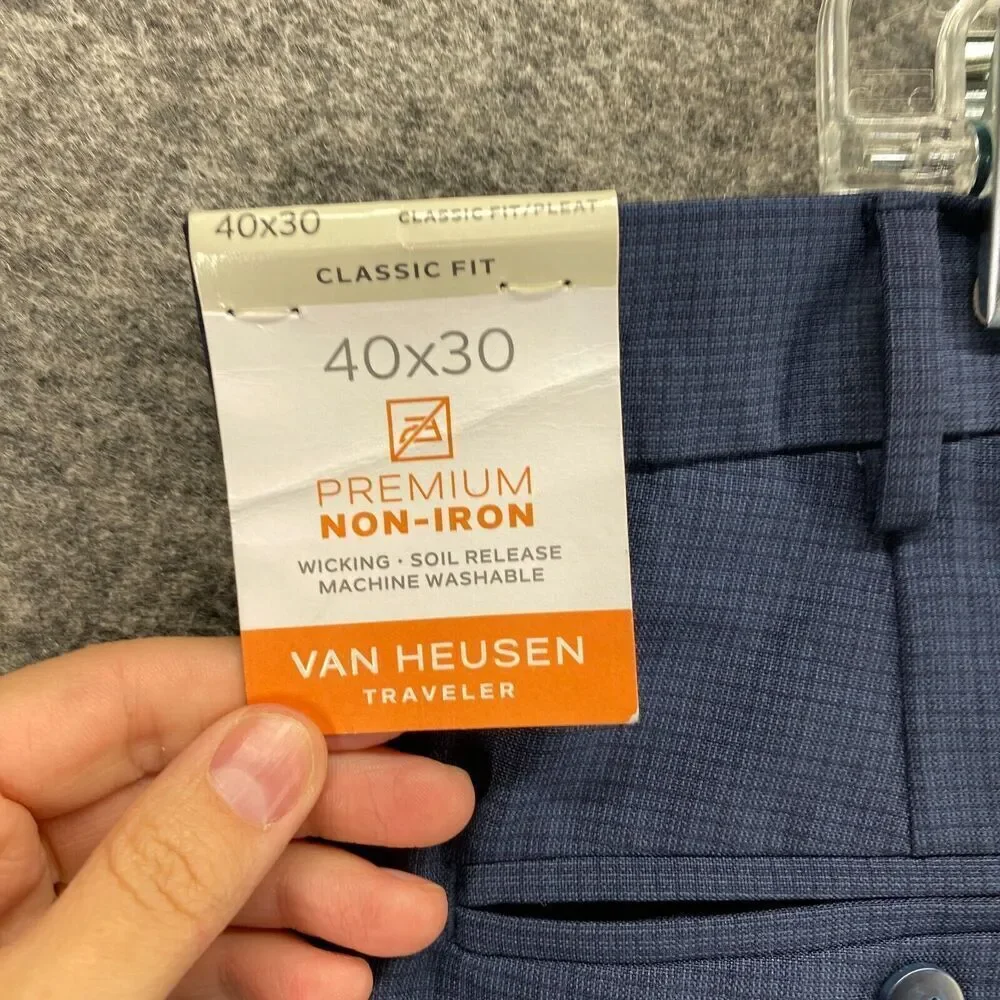 New Van Heusen Dress Pants Men 40*30 Blue Mid Rise Pleated Classic Fit Straight
